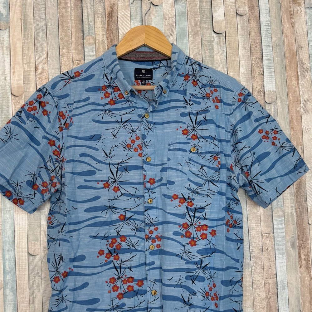 Roark Revival XL Port Antonio Button Down Aloha Shirt Blue Red Floral‎ Huckberry